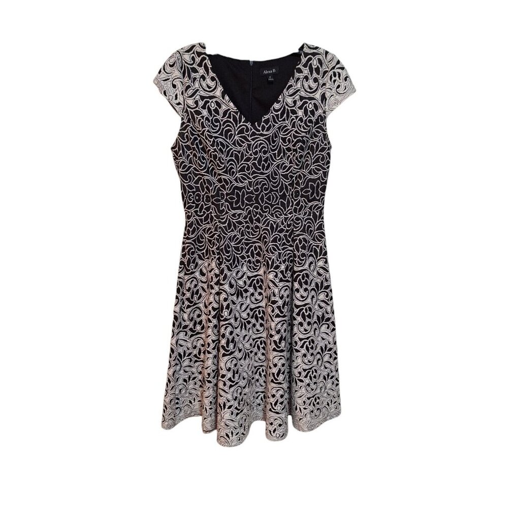 Alexa B Dress Womens 4 Black White Fit & Flare Floral Design Sleeveless